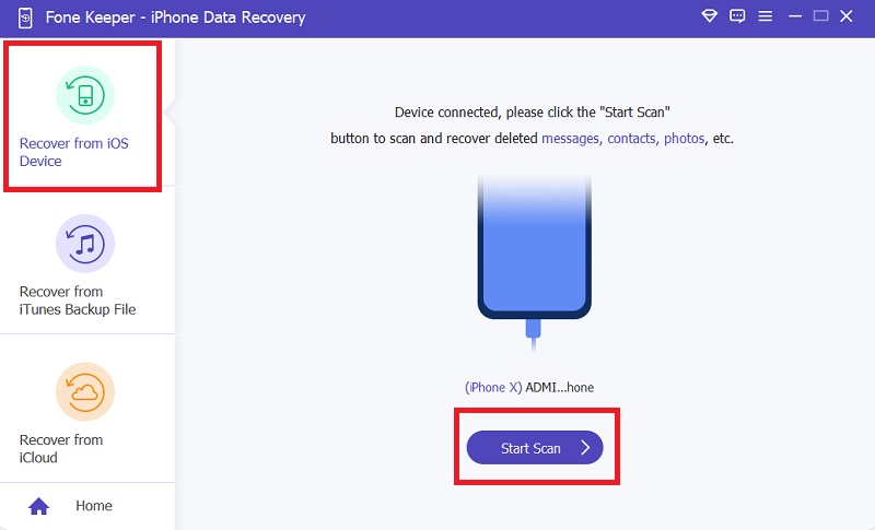 connect your phone to computer and click “iphone data recovery,” you can see the “start scan” under “recover from ios device”