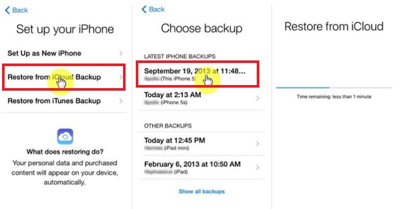 click restore from icloud backup, choose the latest iphone backup you did and wait until the process is done.