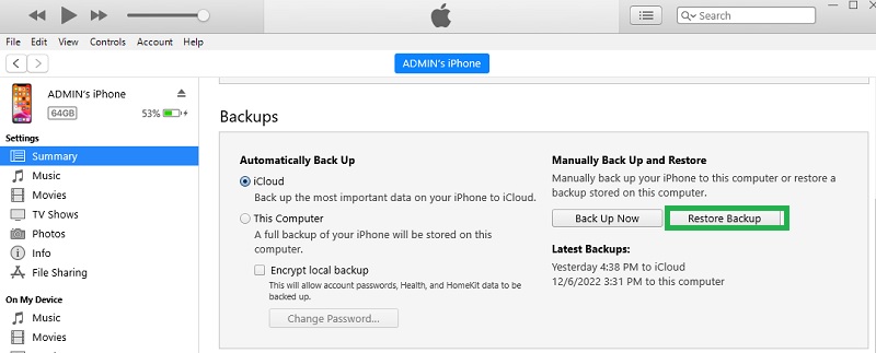 recover using itunes backup