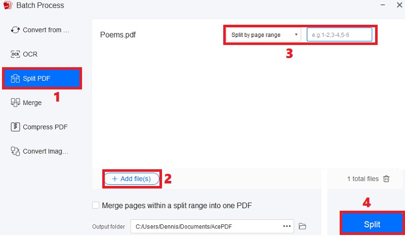 click split pdf, add files, enter page range and hit split