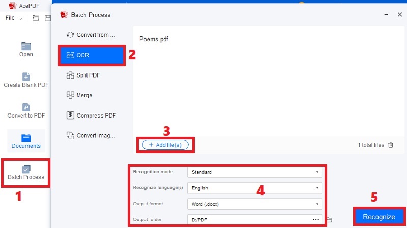 click batch process and ocr, add files, adjust settings and hit recognize