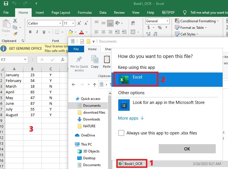 locate excel file, right-click and open with excel
