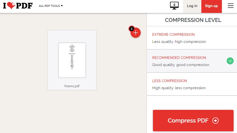 hit plus icon, select compression level, click compress pdf
