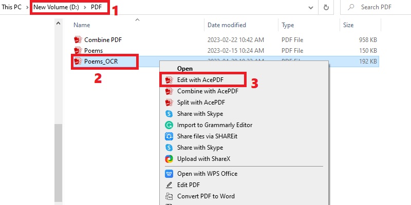 locate file, right-click on it and pick edit with acepdf