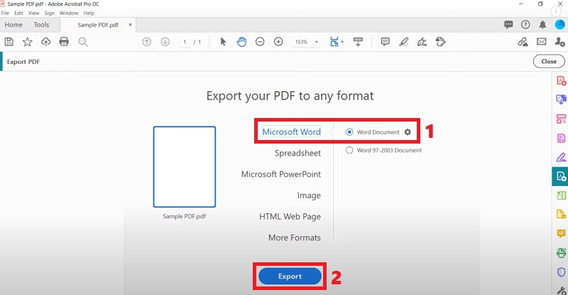 select microsoft word and click export