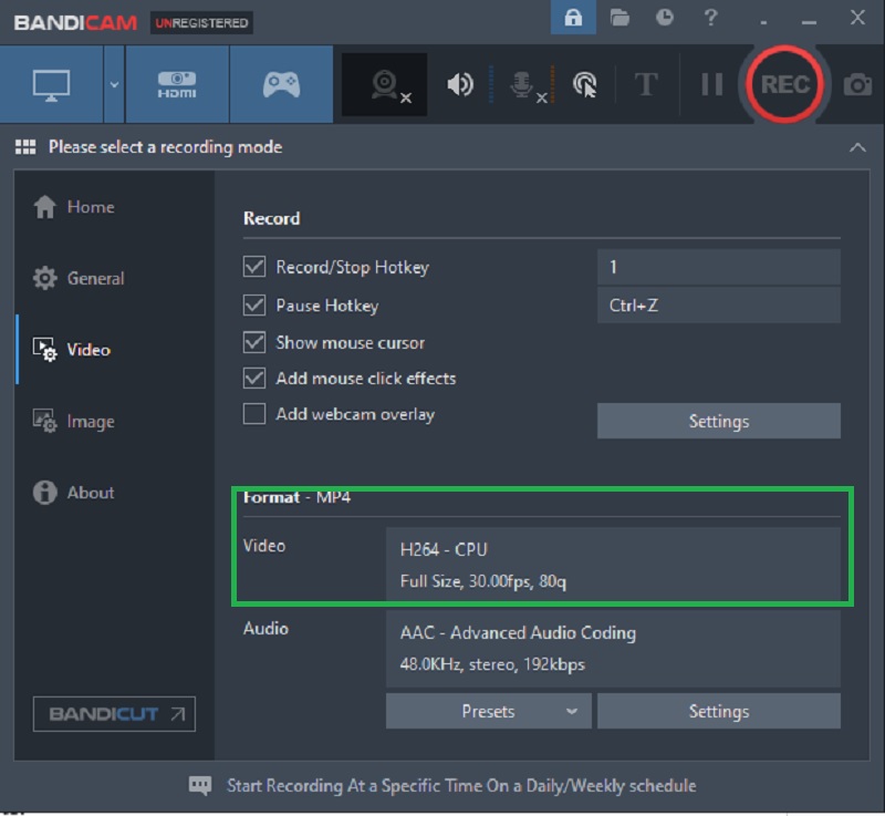 change video settings with bandicam