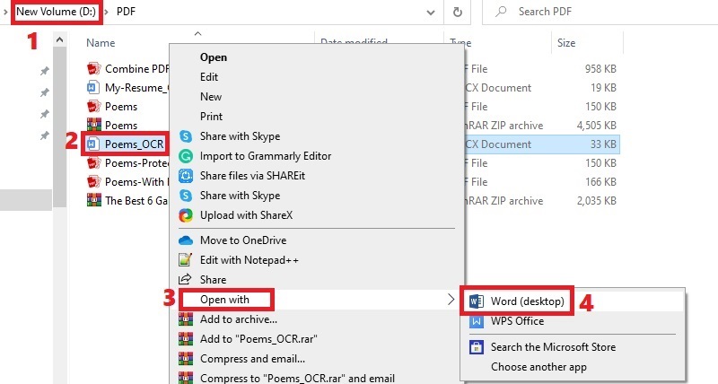 locate folder and file, right-click and hit open with, select word app