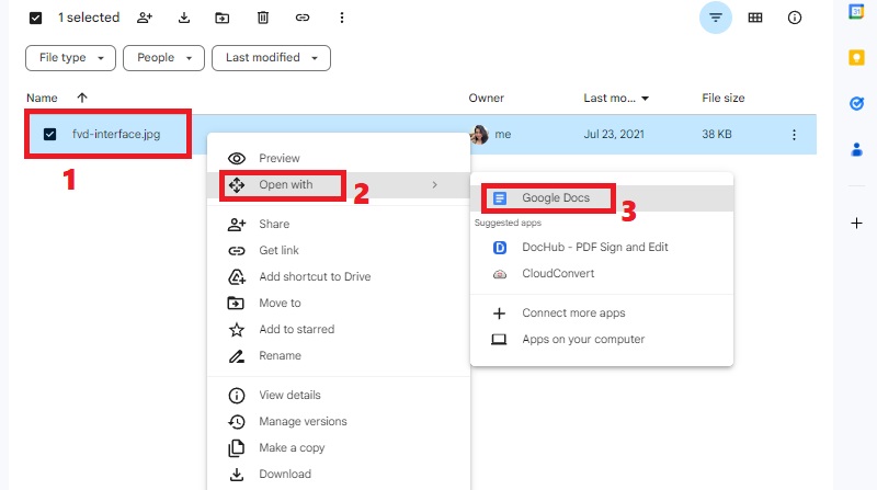 right-click file, select open with and google docs