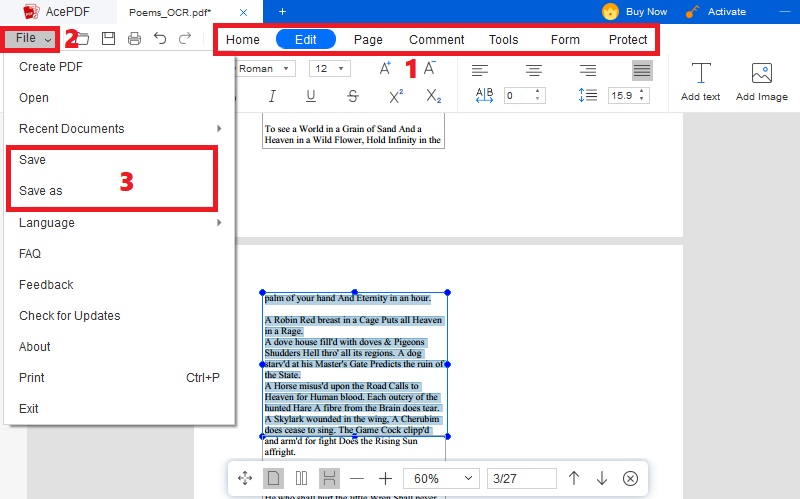 edit pdf, hit file button, select saving option