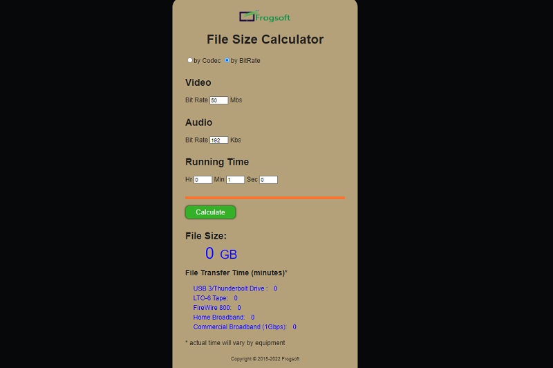 frogsoft’s file size calculator interface