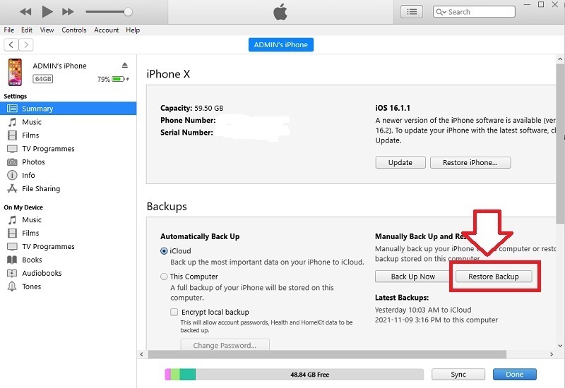 launch itunes and connect your device, then click restore backup