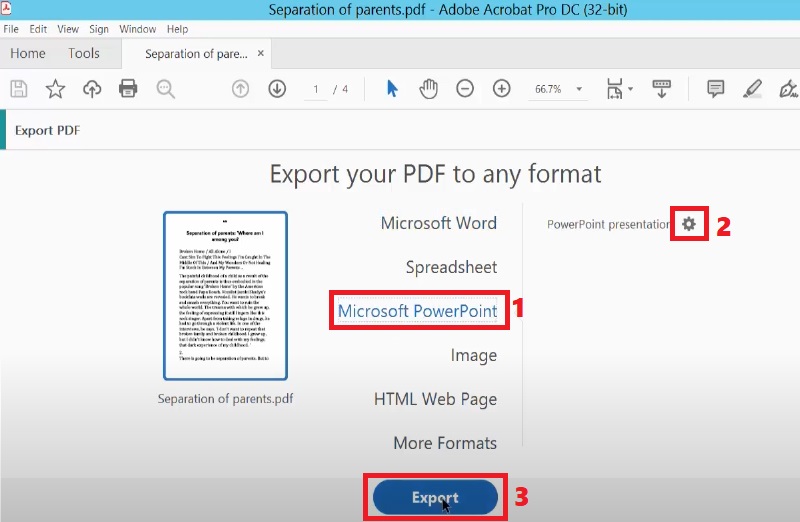 select microsoft powerpoint, hit gear icon and export button
