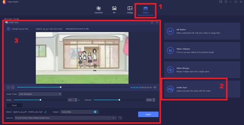 click tools, select audio sync and import video