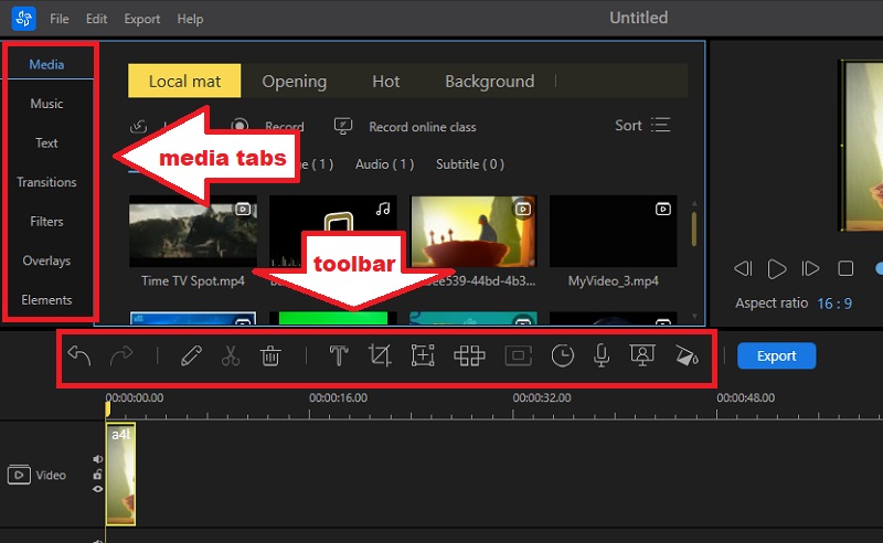 edit your video using the toolbar and media tabs