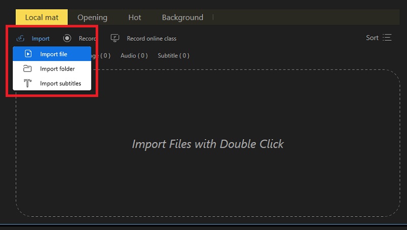 click import tab select import file option