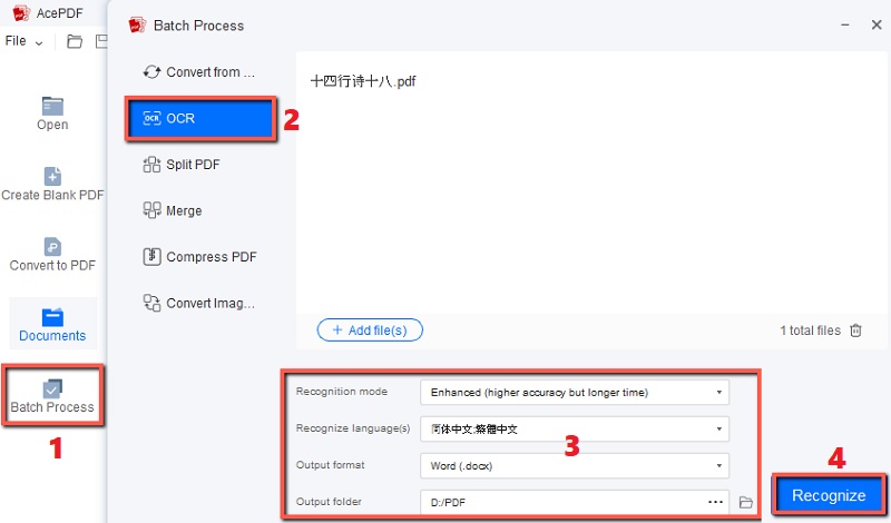 hit batch process and ocr, adjust settings and click recognize