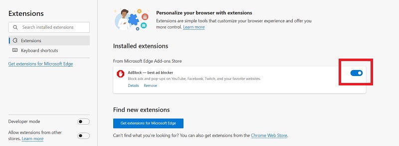 disable browser extensions microsoft edge