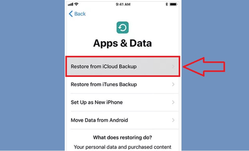 choose restore from icloud backup from apps & data