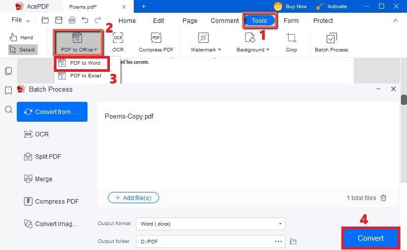 hit tools, select pdf to office and word, hit convert