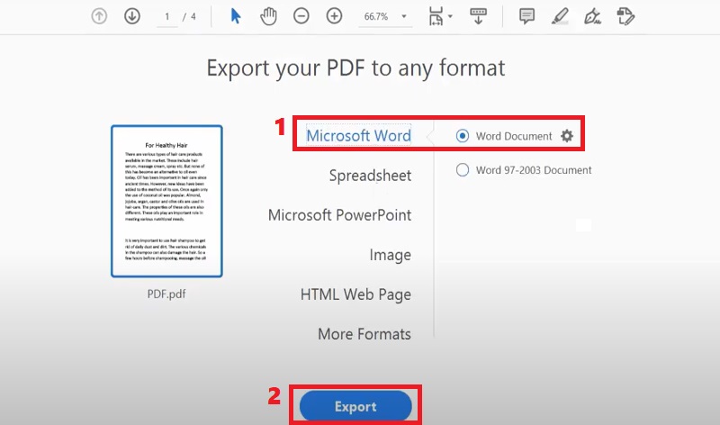 select microsoft word format and hit export