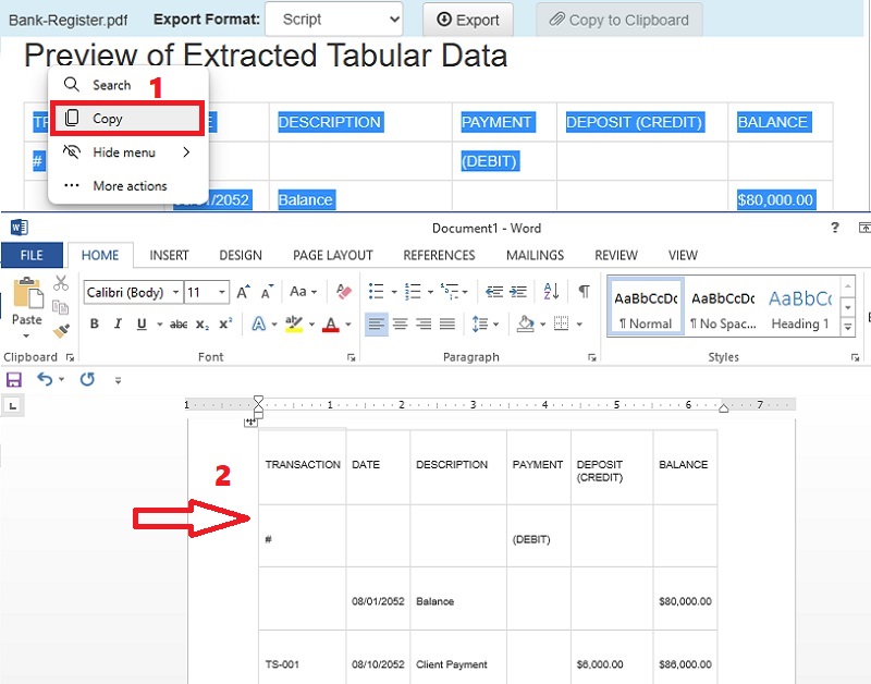 select table and hit copy, open word and paste table