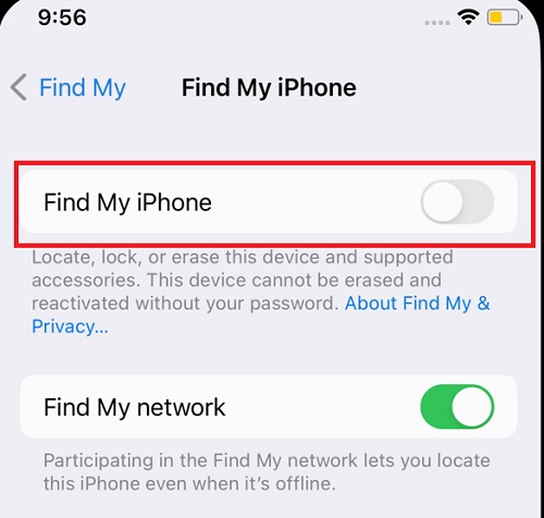 toggle the find my iphone in the off position