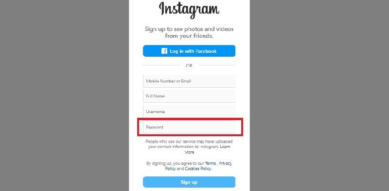 instagram login choosing password