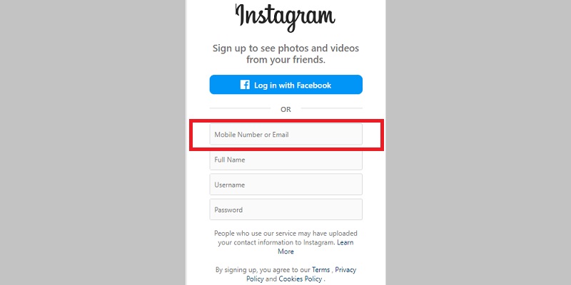 instagram login signing up email number