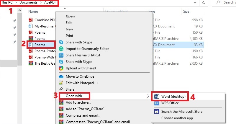 locate file, right-click it and hit open with, select word app