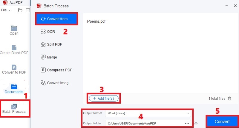 hit batch process, click convert from, add files, modify output and hit convert