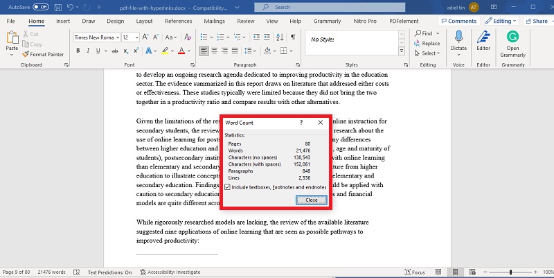 review the word count of your file