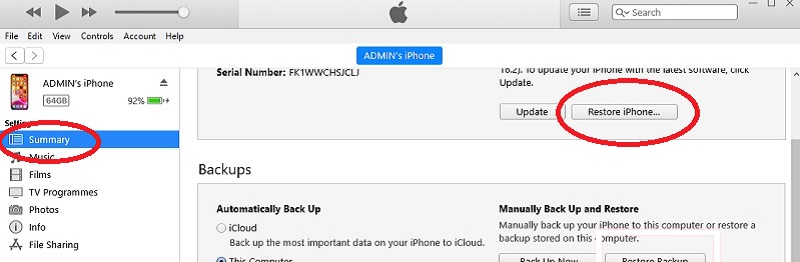 click the restore iphone button on the summary page