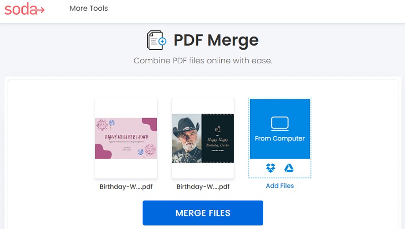 soda pdf merge interface