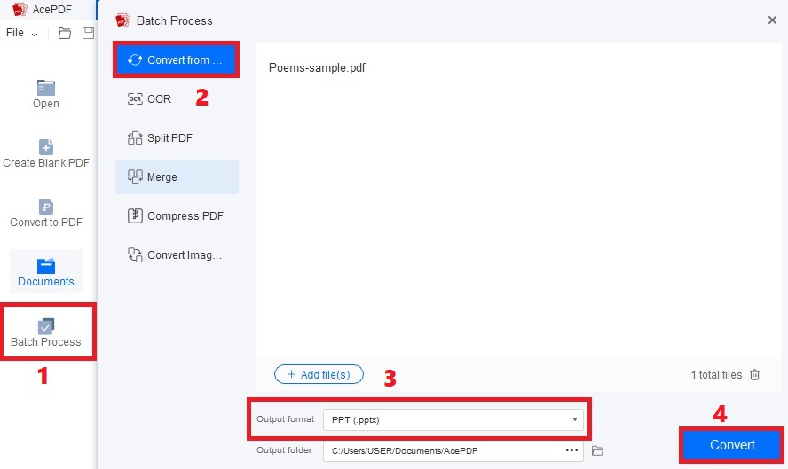 click batch process and convert from, select format and hit convert