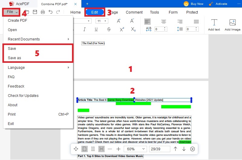 review pdf and hit edit, click file and save or save as option