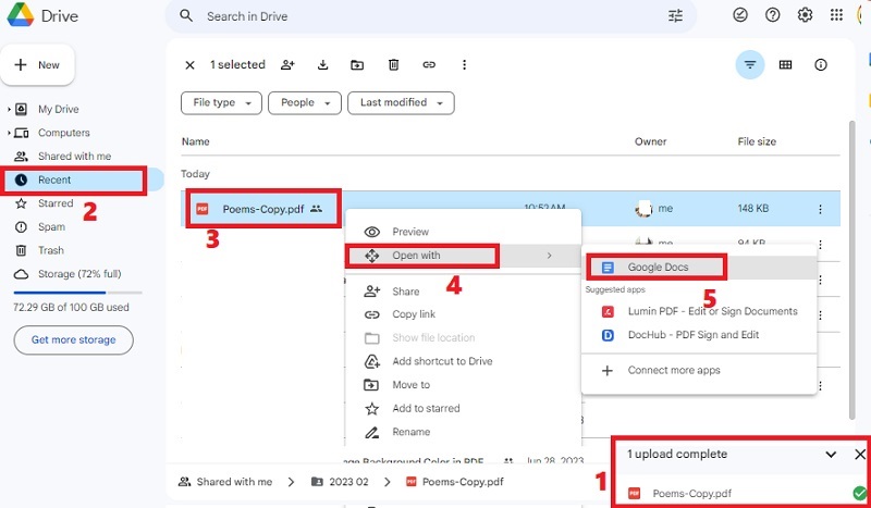 import file, hit recent and select pdf, right-click and hit open with and docs