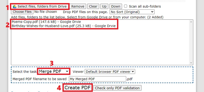 add more pdfs, hit merge pdf and create pdf button
