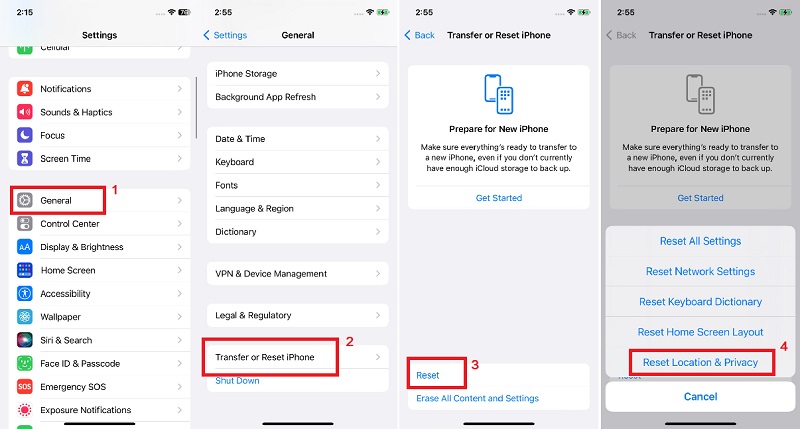 open settings, general, and find reset location and privacy