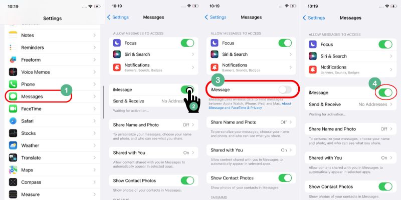 turn on and off the imessage on settings