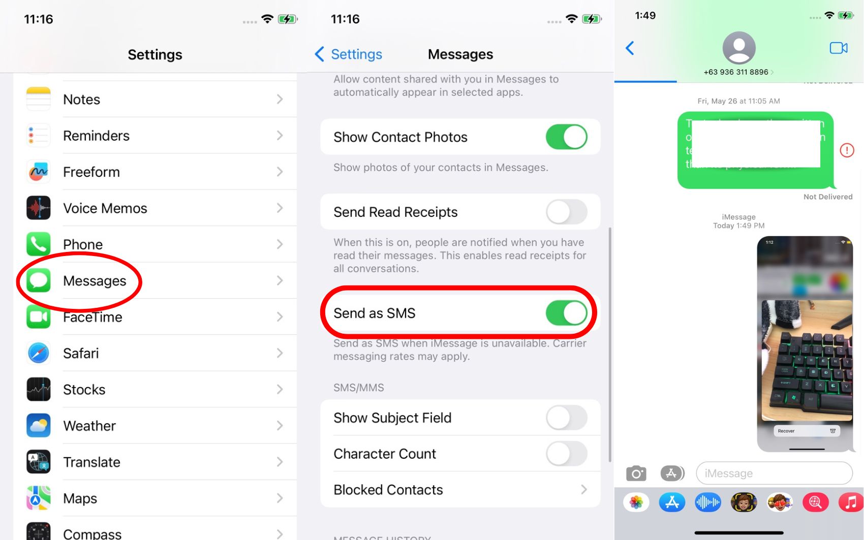 enable the send as sms feature on settings