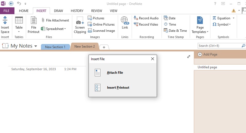 drag and drop pdf in onenote and select insert option