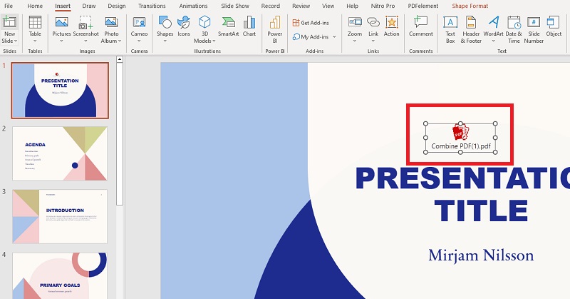 insert the pdf file into the powerpoint slide 