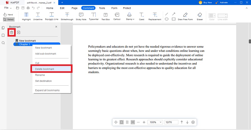 removing bookmarks on pdf 