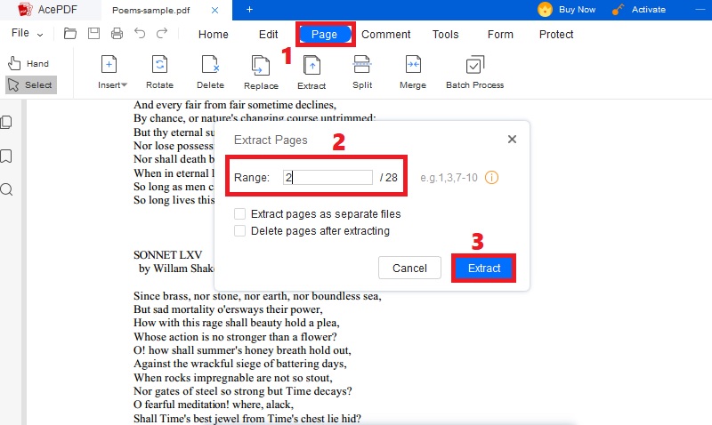 import file, hit page and input page number, click extract