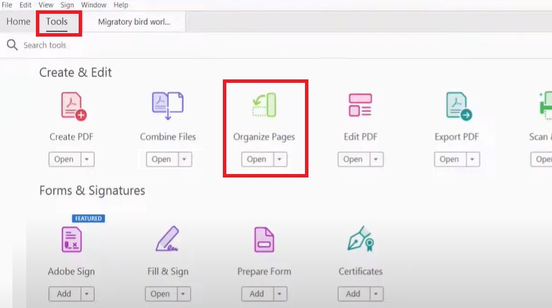 add pdf, hit tools and click organize pages