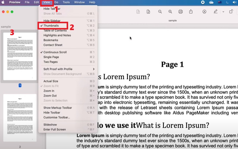 open pdf, hit view and click thumbnails, select page