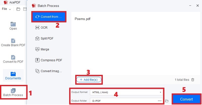 hit batch process and convert from, add file, modify output and hit convert