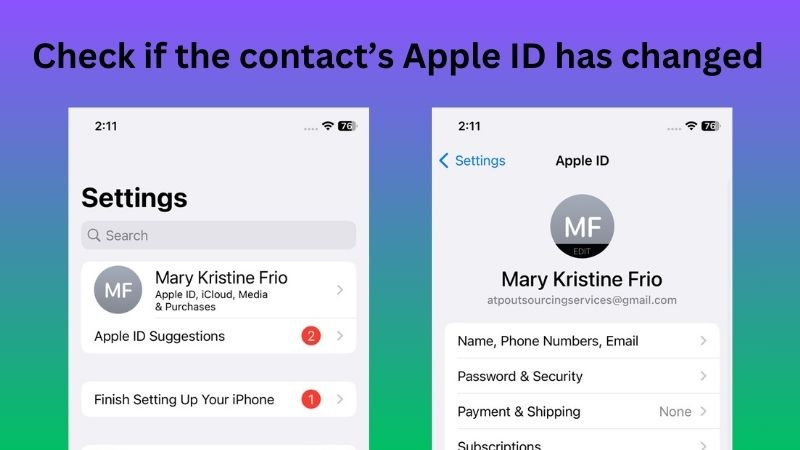 check out contacts phone if its apple id changed