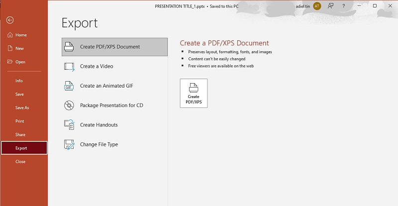 access the export menu of the powerpoint