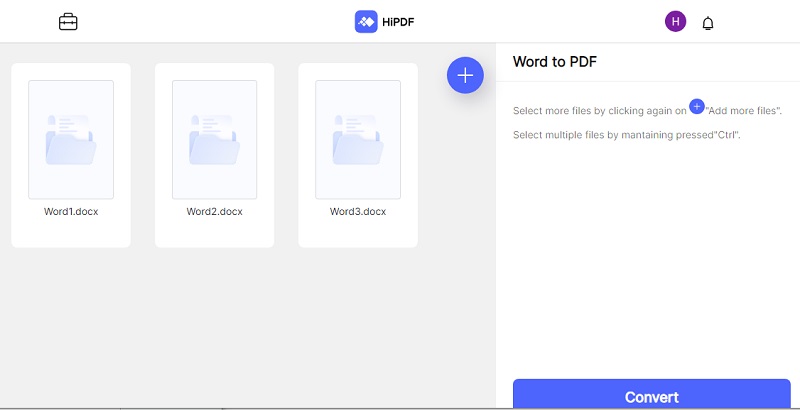 hipdf word to pdf converter interface